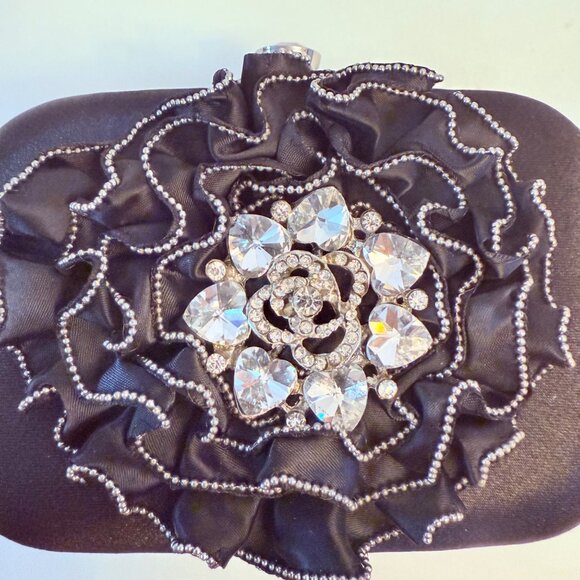 Charming Charlie Black Satin Clutch Purse Rhinestone Evening Bag Hard Case Ruffl - Picture 11 of 15